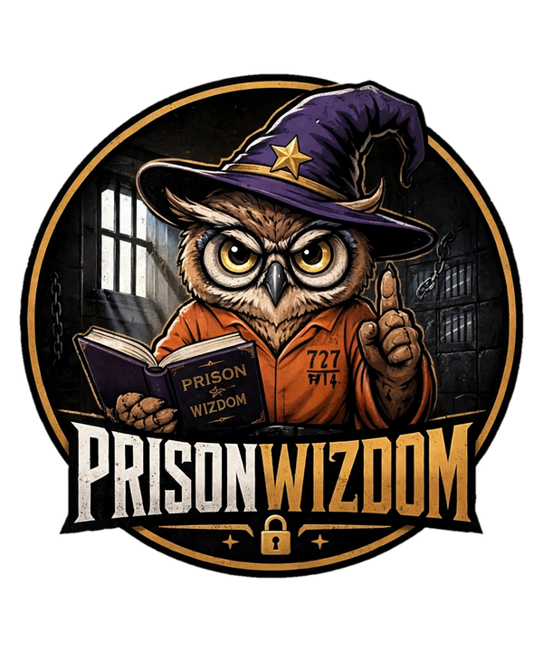 The full PrisonWizdom owl-wizard emblem